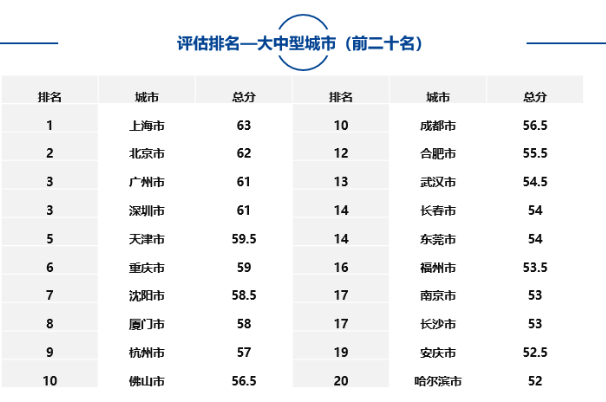 大中型都市、市辖区、自由商业试验区中排名靠前名单如下